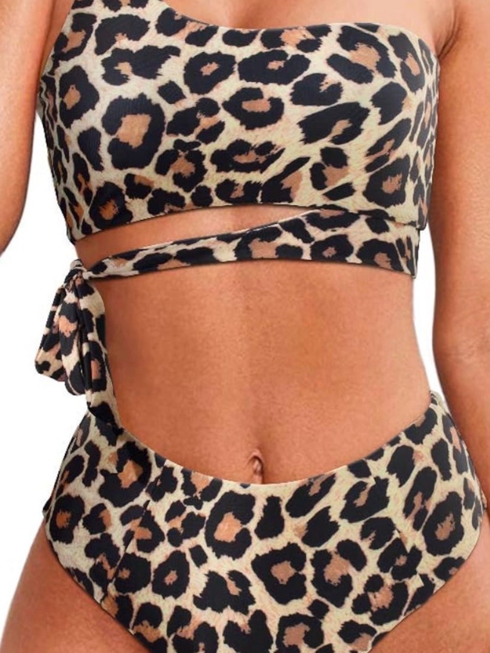 Leopard Print Asymmetric Wrap Bikini Set - Brown/Black